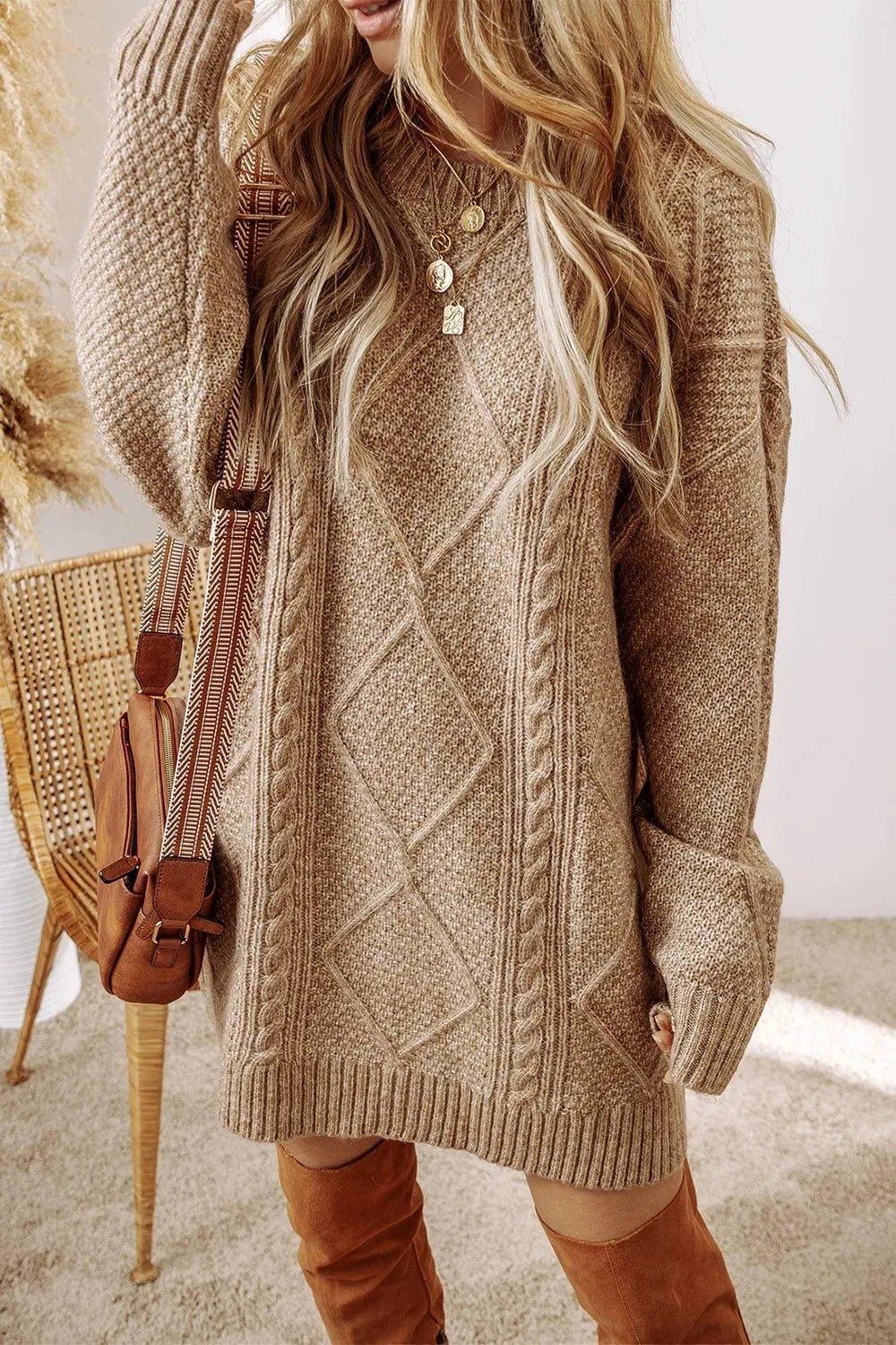 Cable - Knit Round Neck Sweater Dress - VILLA FASHION