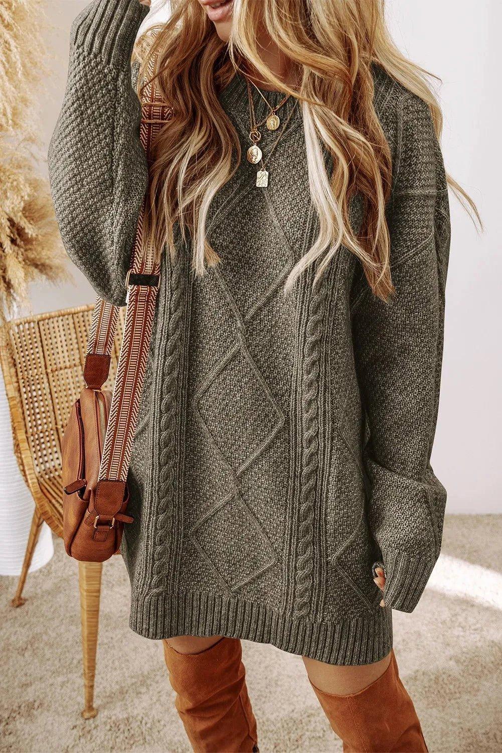 Cable - Knit Round Neck Sweater Dress - VILLA FASHION