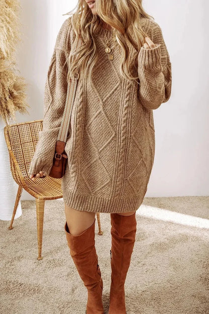 Cable - Knit Round Neck Sweater Dress - VILLA FASHION