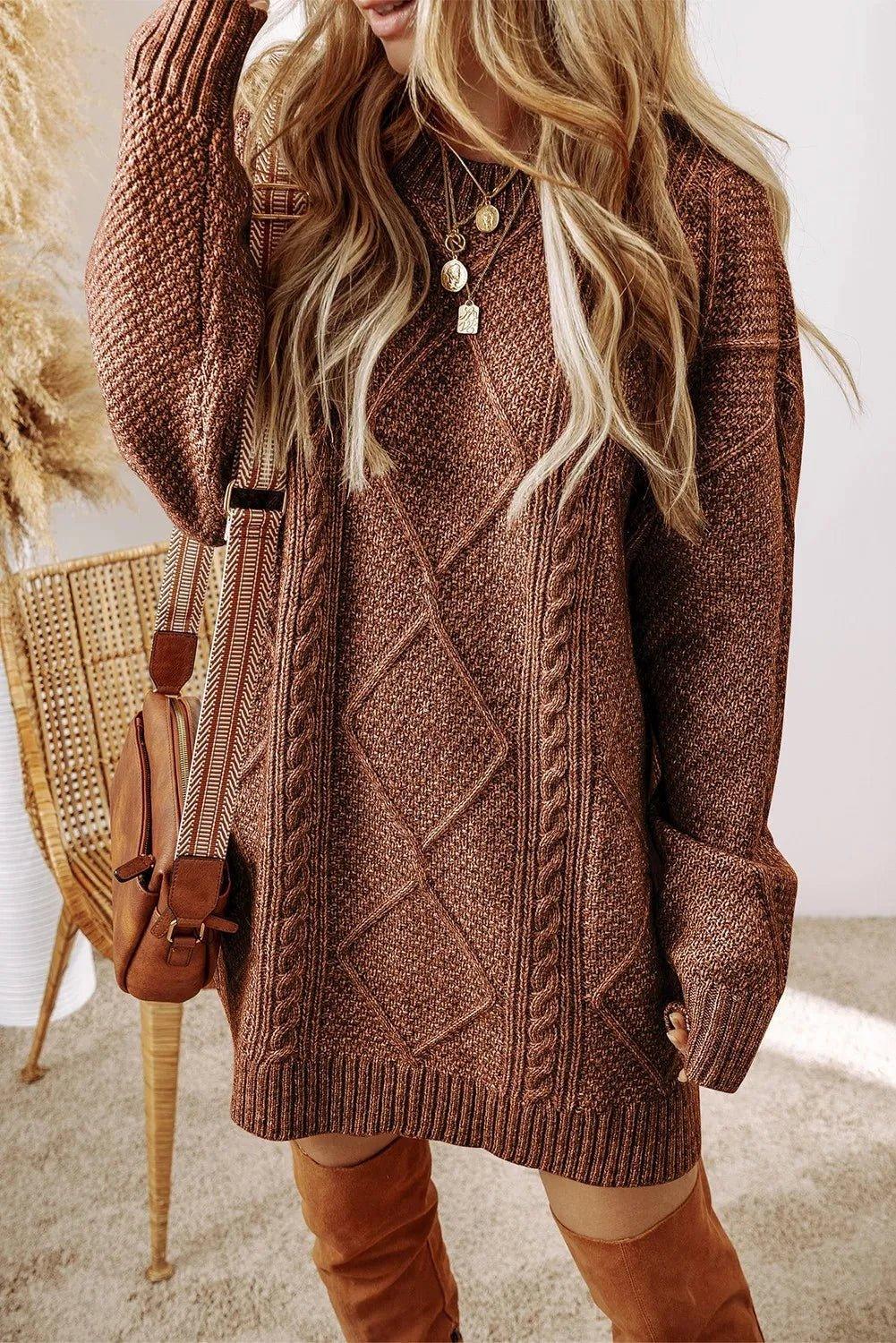 Cable - Knit Round Neck Sweater Dress - VILLA FASHION