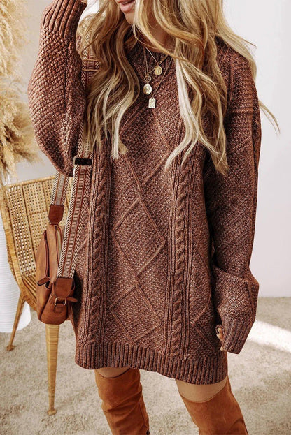 Cable - Knit Round Neck Sweater Dress - VILLA FASHION