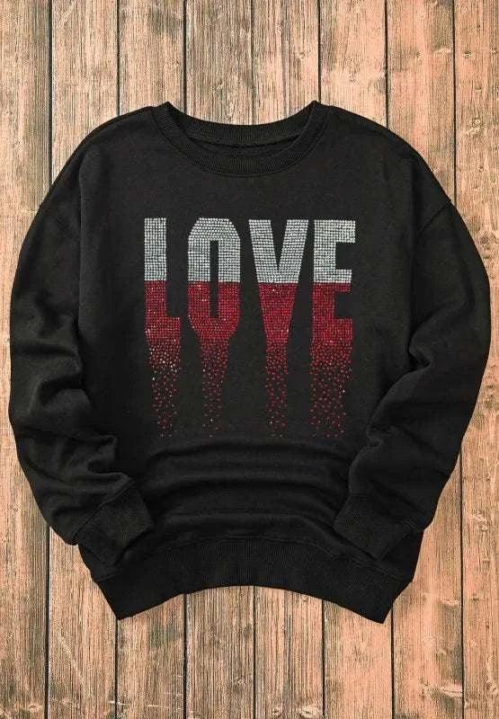 Black long sleeve sweatshirt with rhinestone LOVE design and round neck