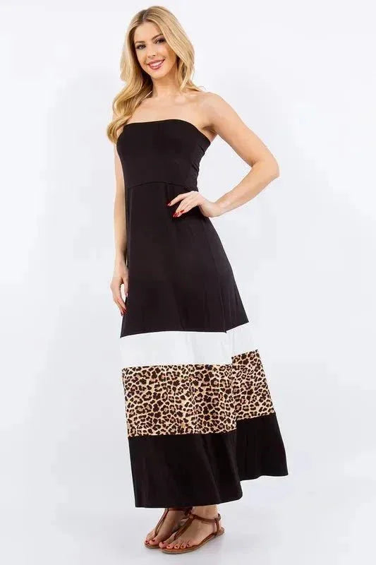 Celeste Full Size Leopard Color Block Tube Maxi Dress Plus Size - VILLA FASHION