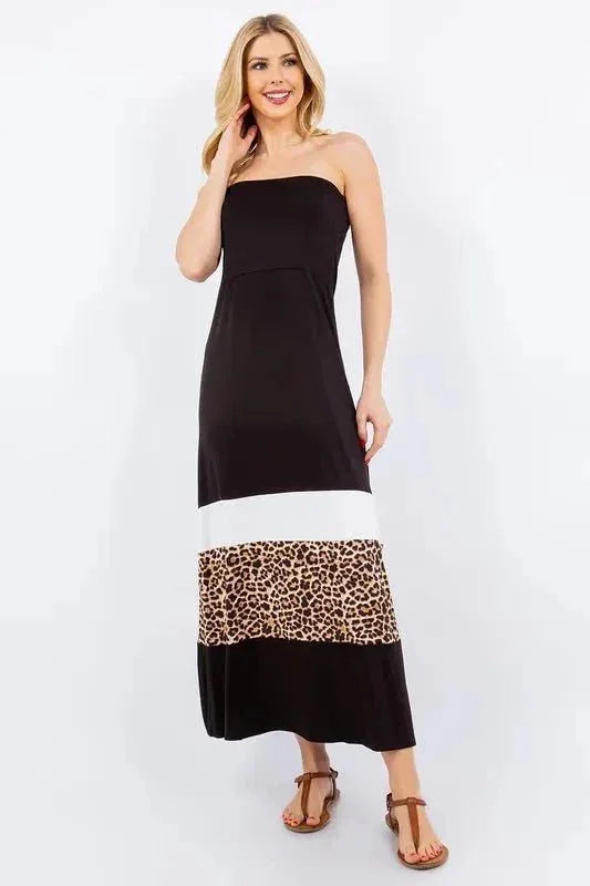 Celeste Full Size Leopard Color Block Tube Maxi Dress Plus Size - VILLA FASHION