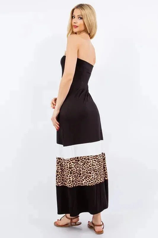Celeste Full Size Leopard Color Block Tube Maxi Dress Plus Size - VILLA FASHION