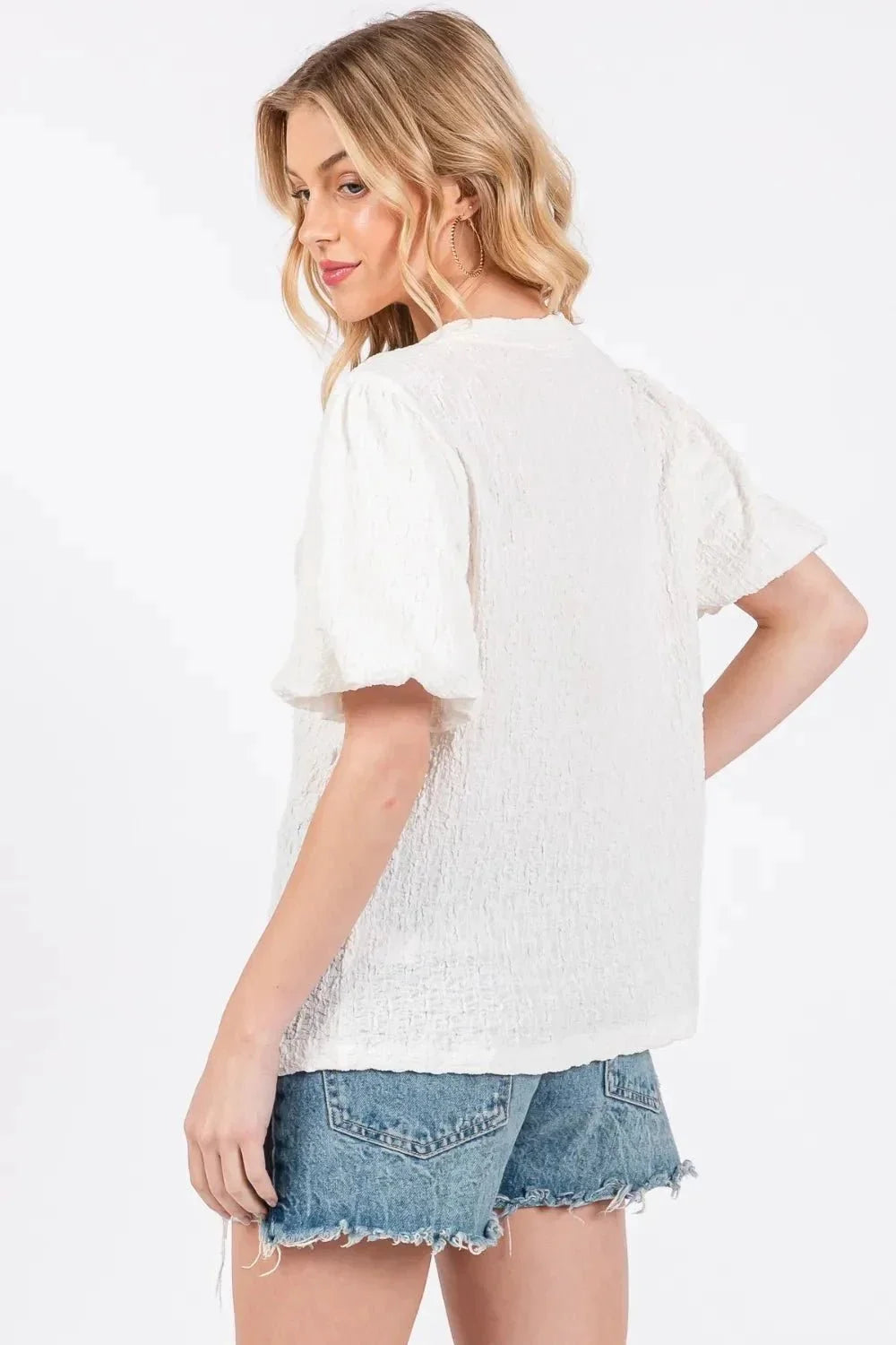 Ces Femme Textured Puff Sleeve Top - VILLA FASHION