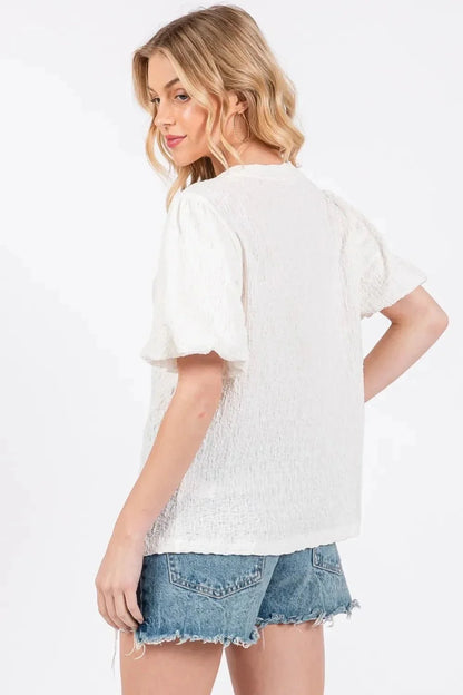 Ces Femme Textured Puff Sleeve Top - VILLA FASHION