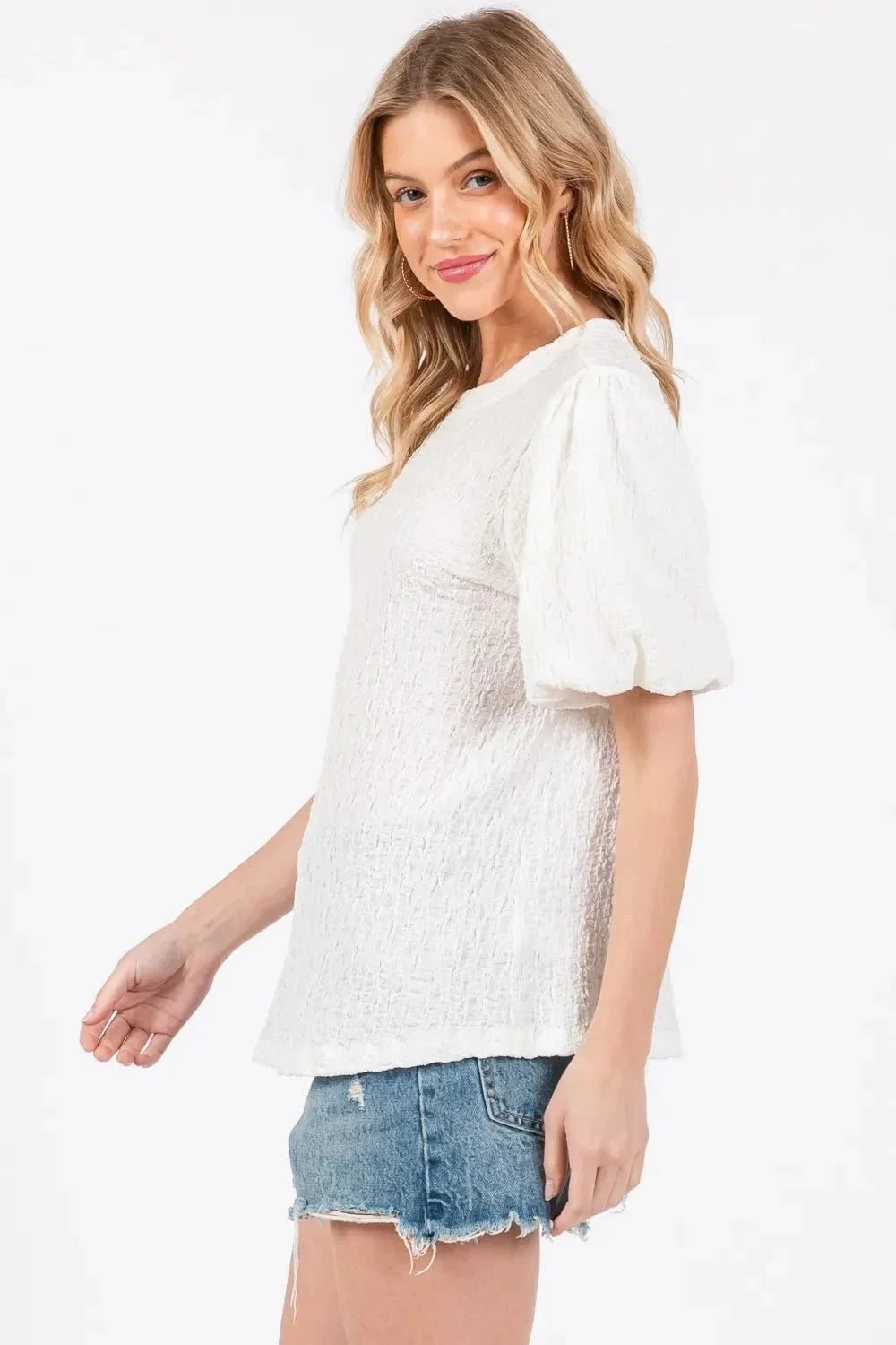 Ces Femme Textured Puff Sleeve Top - VILLA FASHION