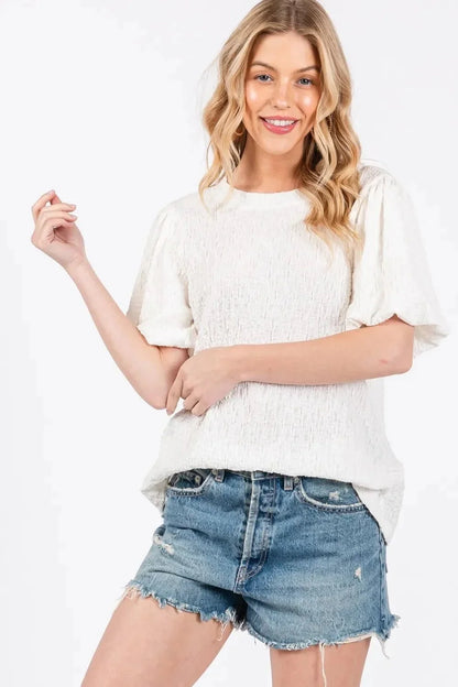Ces Femme Textured Puff Sleeve Top - VILLA FASHION