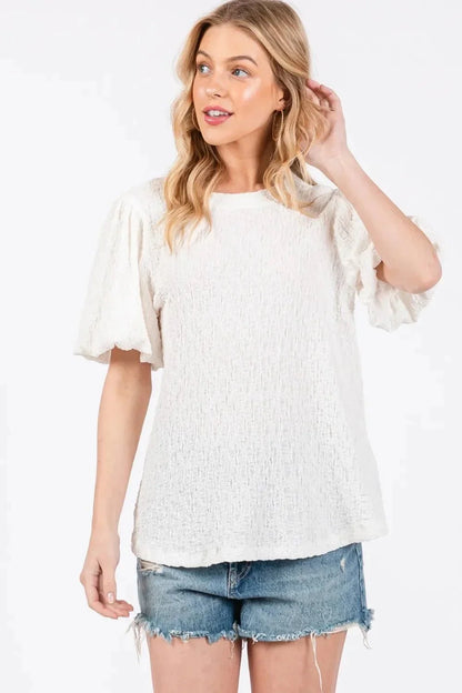 Ces Femme Textured Puff Sleeve Top - VILLA FASHION