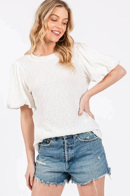 Ces Femme Textured Puff Sleeve Top - VILLA FASHION