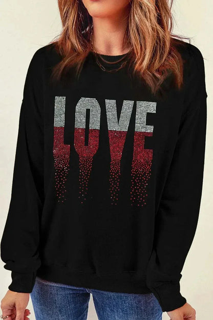 Black Rhinestone LOVE round neck long sleeve sweatshirt with gradient design and slight stretch