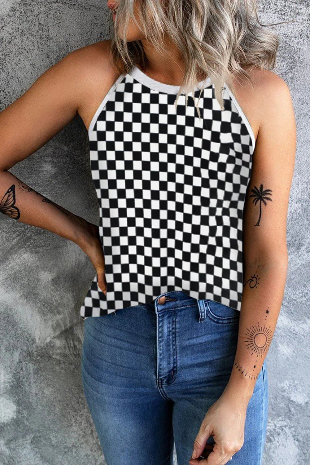 Checkered Grecian Neck Tank - VILLA FASHION