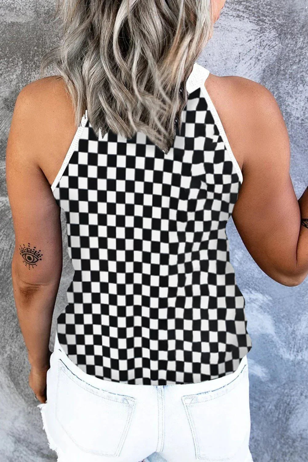 Checkered Grecian Neck Tank - VILLA FASHION