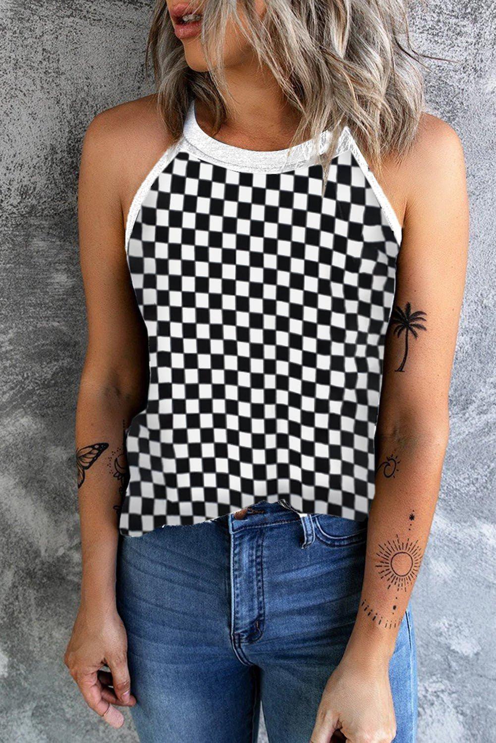 Checkered Grecian Neck Tank - VILLA FASHION