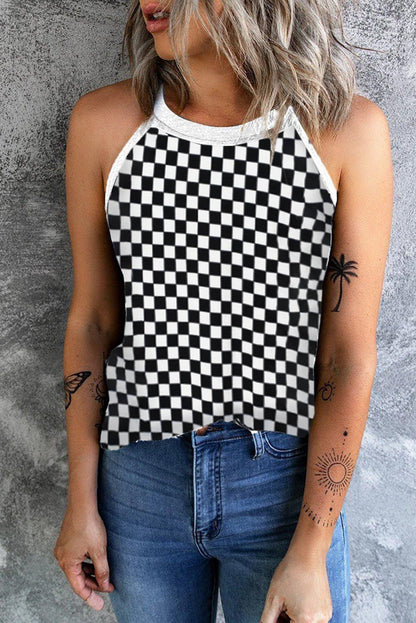 Checkered Grecian Neck Tank - VILLA FASHION