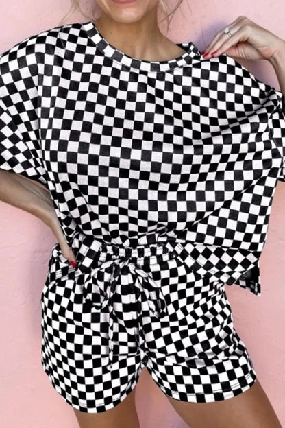 Checkered Round Neck Top and Shorts Set - VILLA FASHION