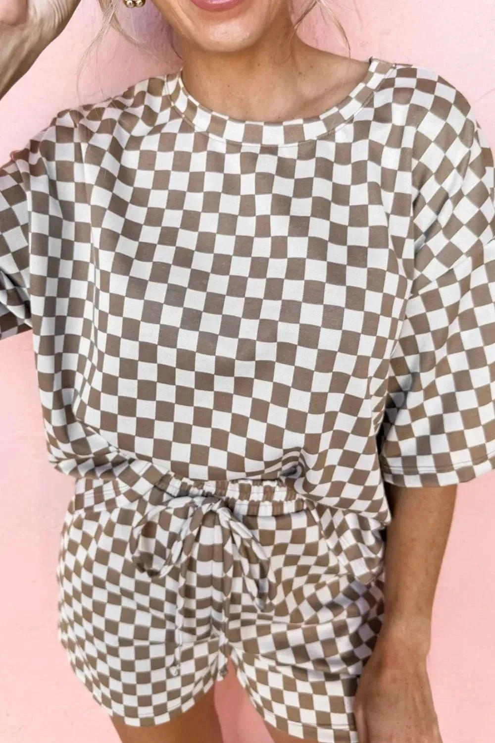 Checkered Round Neck Top and Shorts Set - VILLA FASHION