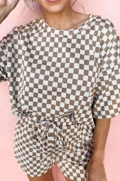 Checkered Round Neck Top and Shorts Set - VILLA FASHION