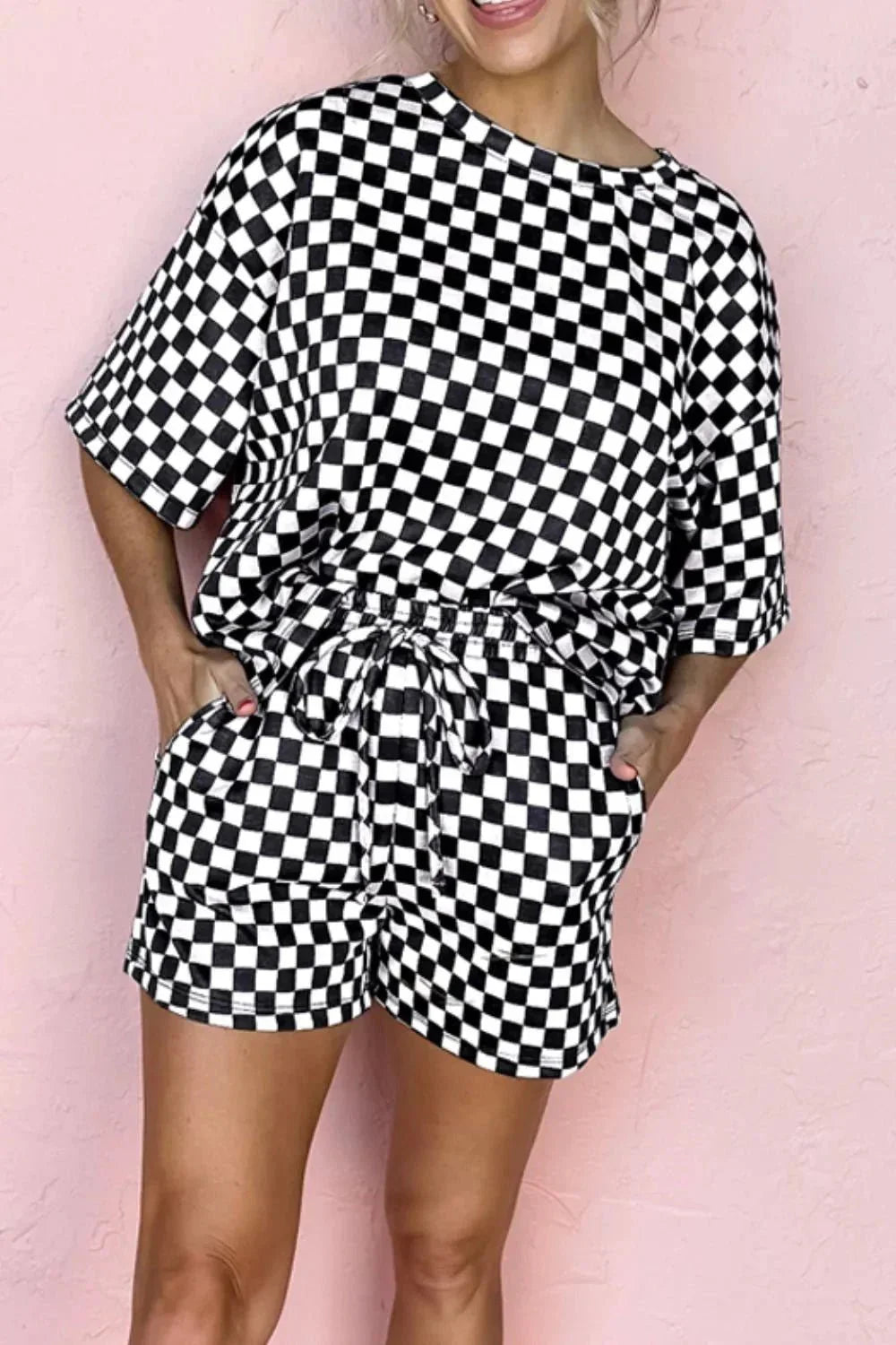 Checkered Round Neck Top and Shorts Set - VILLA FASHION