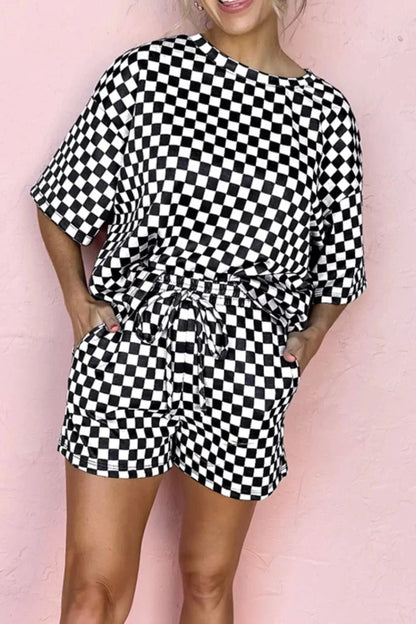 Checkered Round Neck Top and Shorts Set - VILLA FASHION