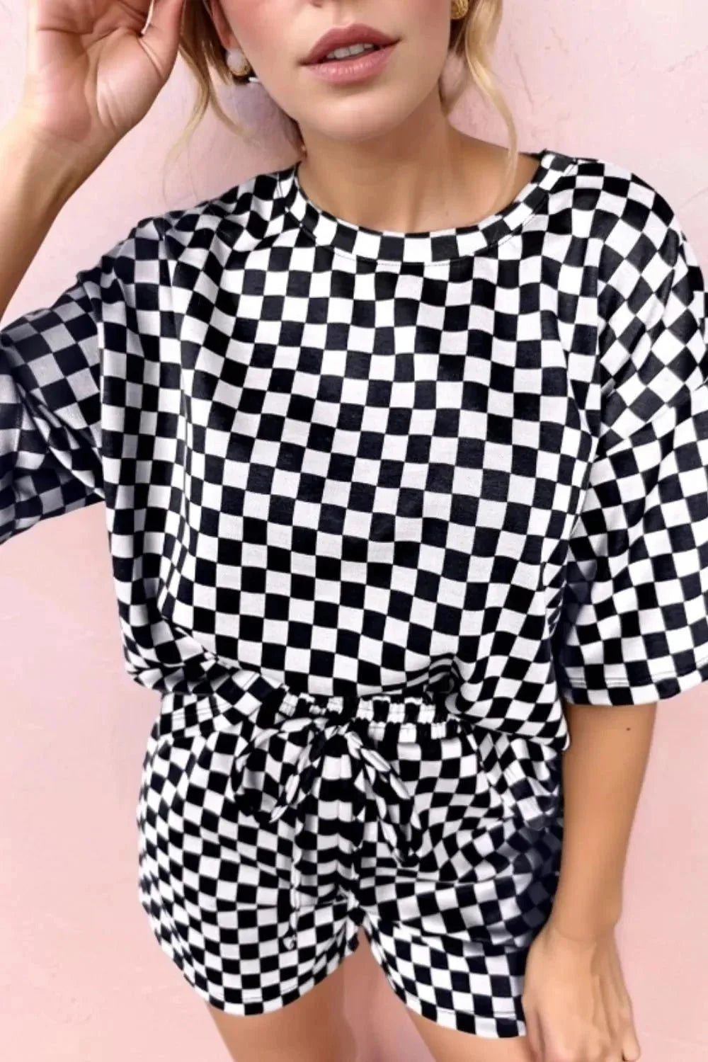 Checkered Round Neck Top and Shorts Set - VILLA FASHION