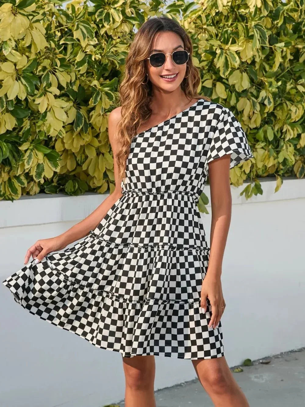 Checkered Single Shoulder Mini Dress - VILLA FASHION