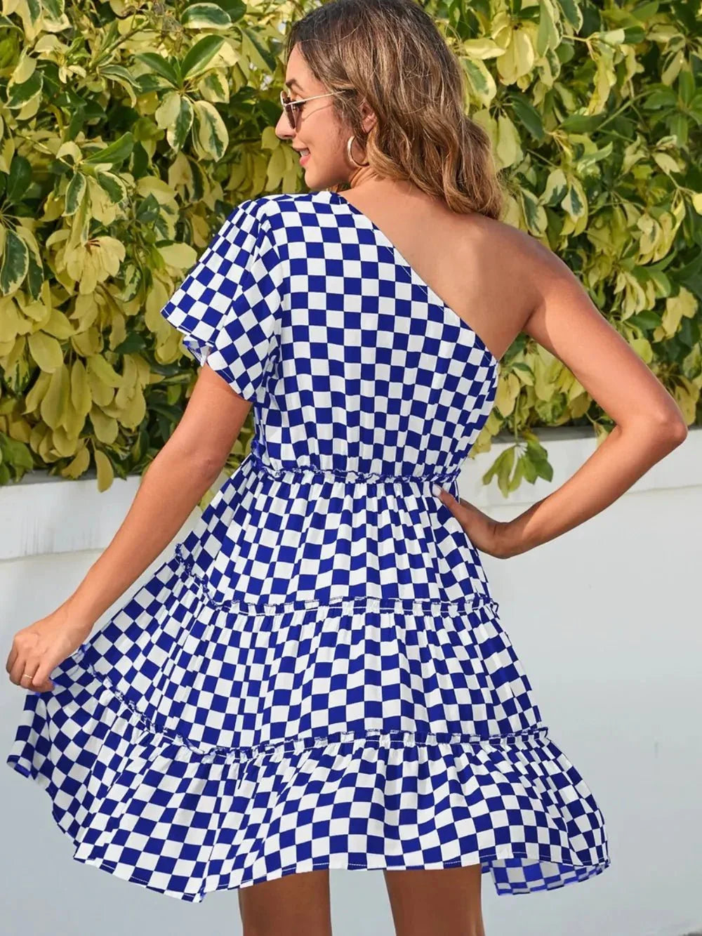 Checkered Single Shoulder Mini Dress - VILLA FASHION
