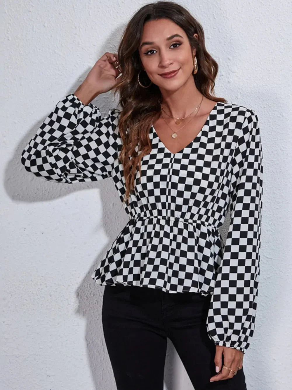 Checkered V - Neck Balloon Sleeve Peplum Blouse - VILLA FASHION