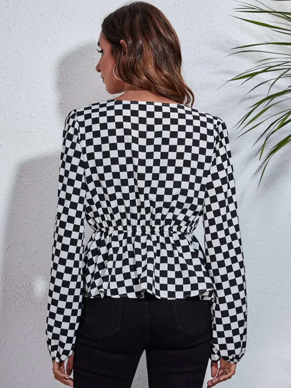 Checkered V - Neck Balloon Sleeve Peplum Blouse - VILLA FASHION
