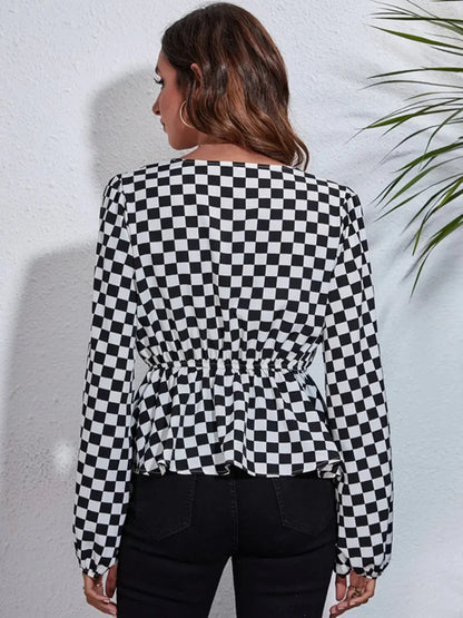 Checkered V - Neck Balloon Sleeve Peplum Blouse - VILLA FASHION