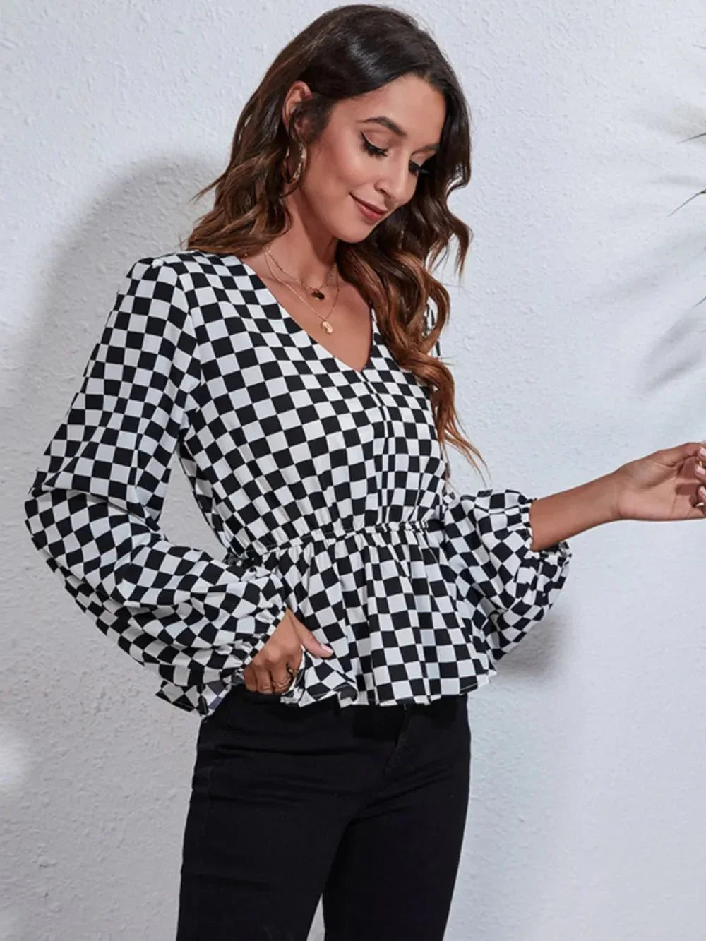 Checkered V - Neck Balloon Sleeve Peplum Blouse - VILLA FASHION