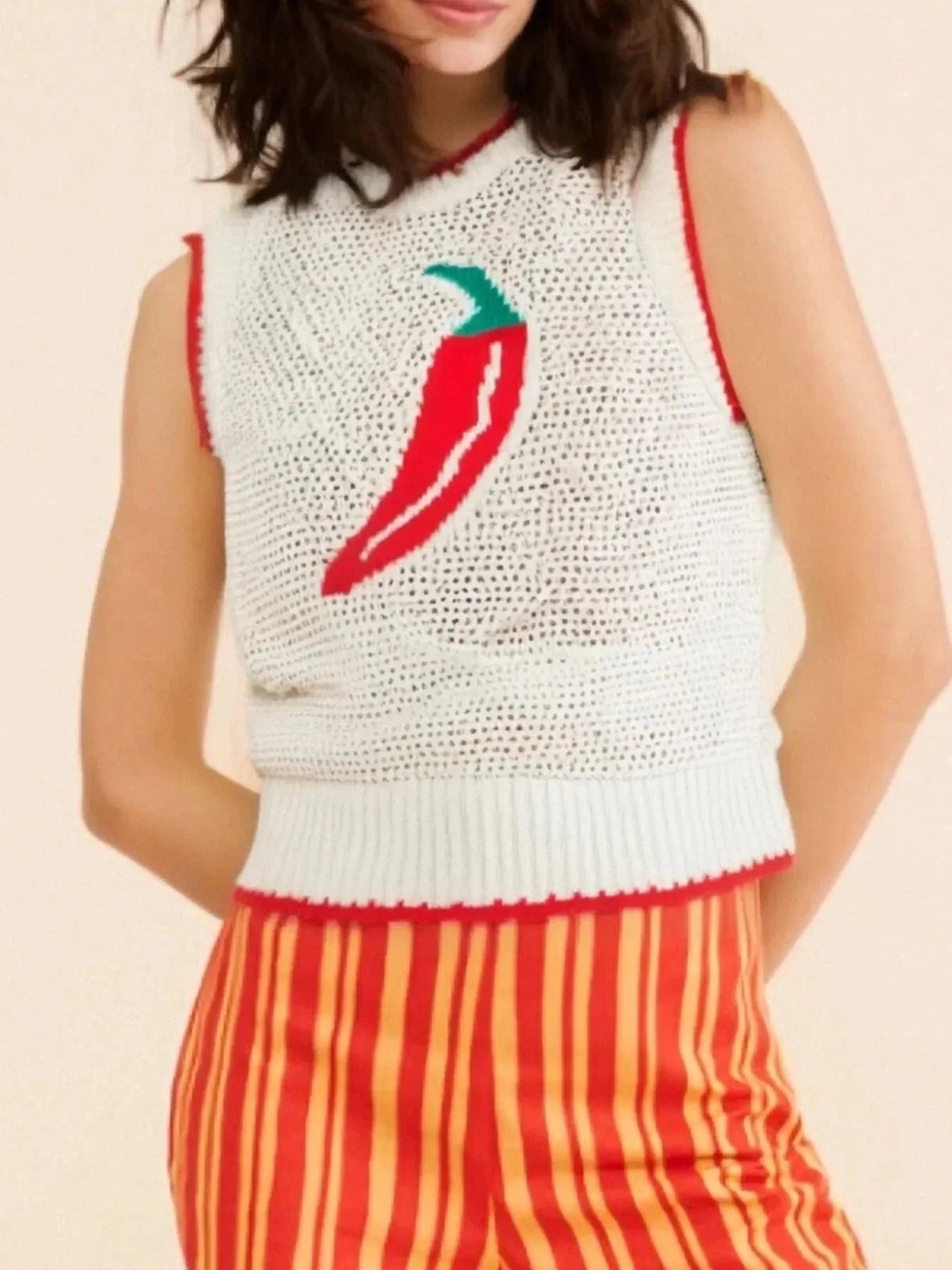 Chili Pepper Crochet Knit Tank Top - VILLA FASHION