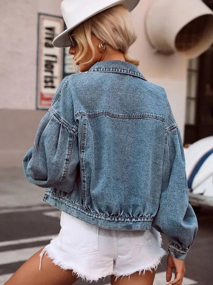Collared Neck Dropped Shoulder Denim Top - VILLA FASHION