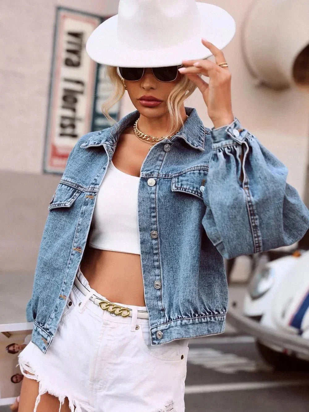 Collared Neck Dropped Shoulder Denim Top - VILLA FASHION