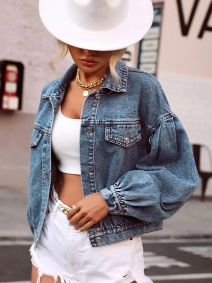 Collared Neck Dropped Shoulder Denim Top - VILLA FASHION