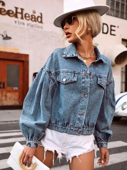 Collared Neck Dropped Shoulder Denim Top - VILLA FASHION