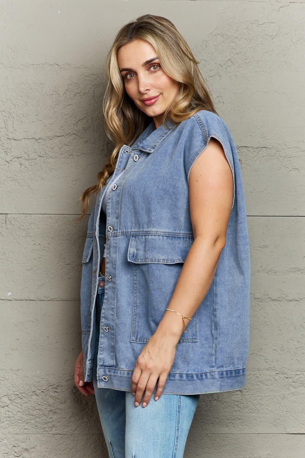 Collared Neck Sleeveless Denim Top with Pockets - VILLA FASHION