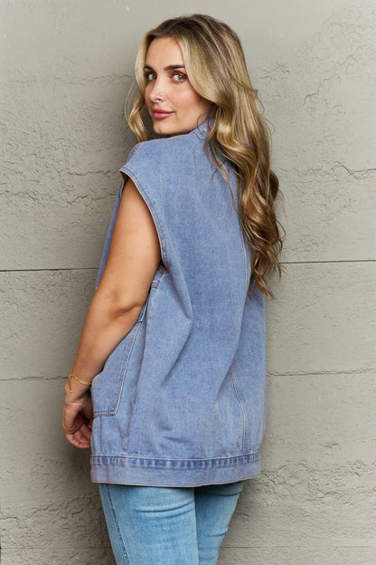 Collared Neck Sleeveless Denim Top with Pockets - VILLA FASHION