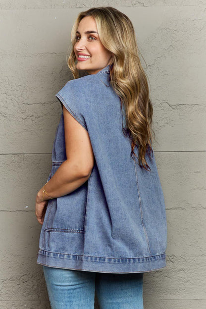 Collared Neck Sleeveless Denim Top with Pockets - VILLA FASHION