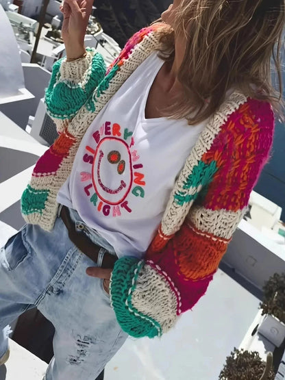 Color Block Open Front Cardigan - VILLA FASHION