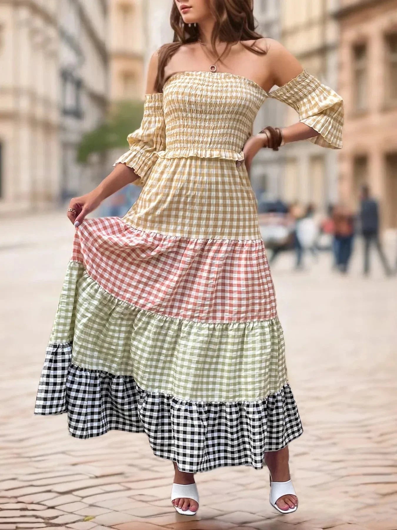 Color Block Plaid Off - Shoulder Maxi Dress - VILLA FASHION
