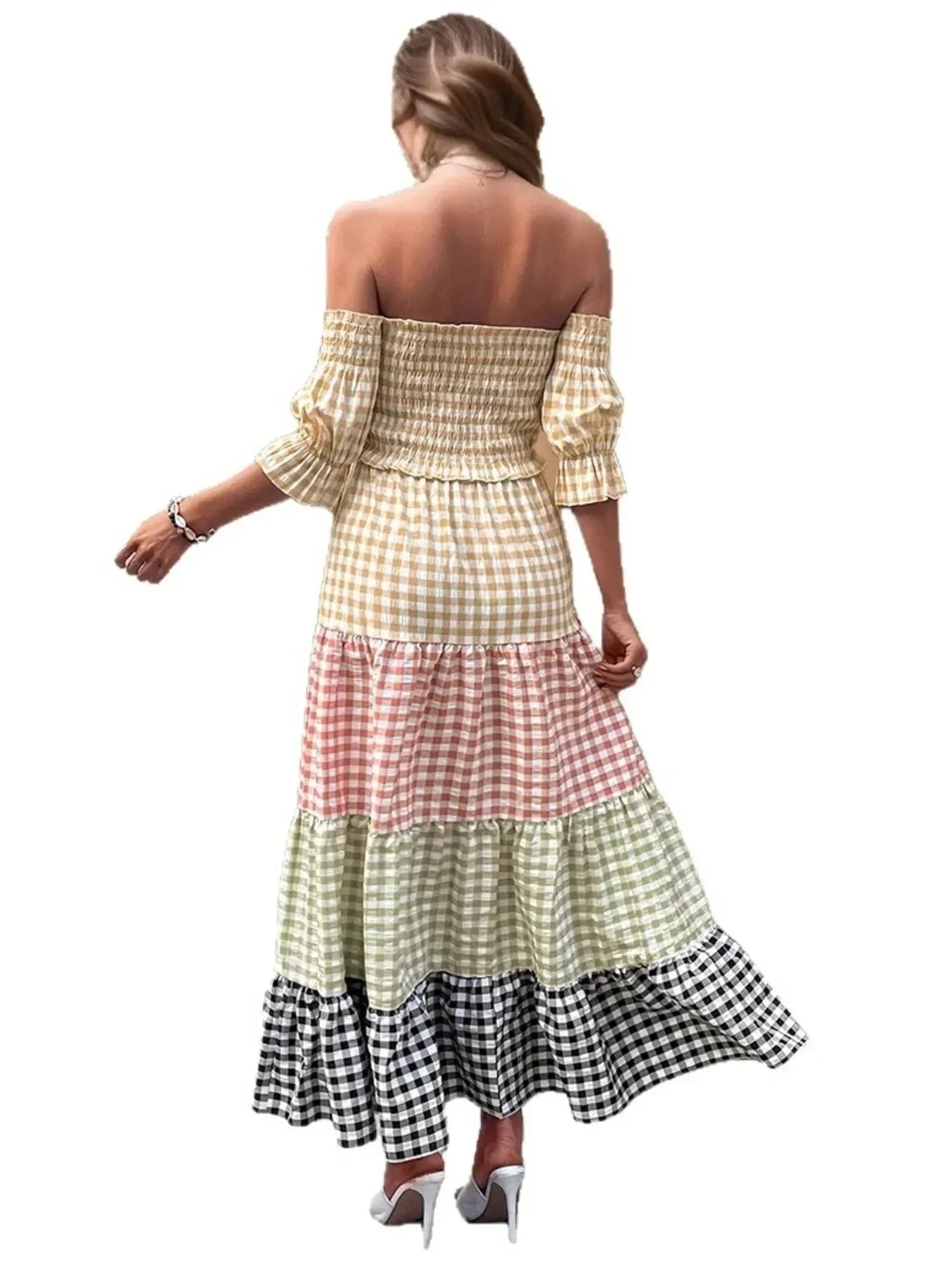 Color Block Plaid Off - Shoulder Maxi Dress - VILLA FASHION