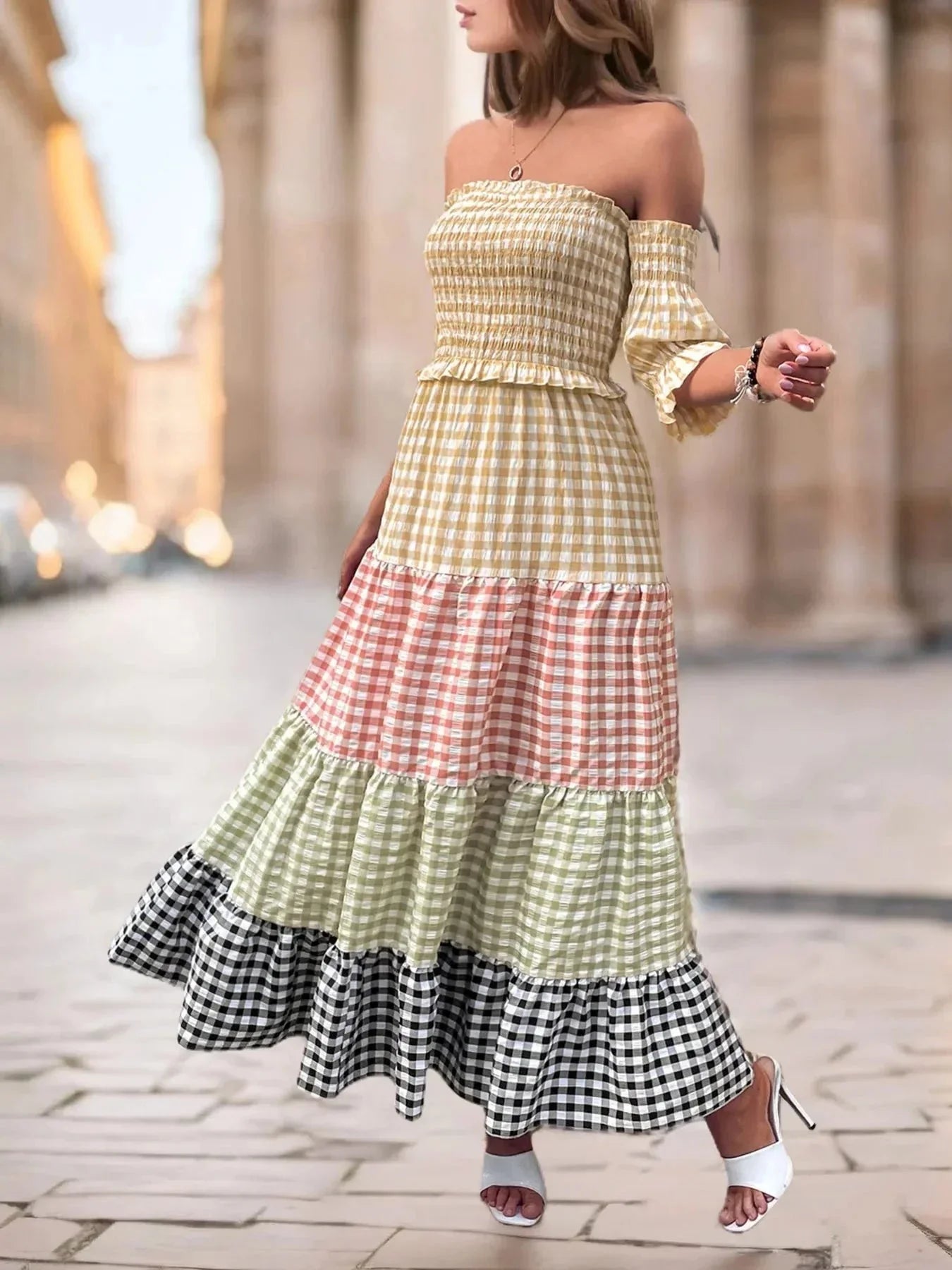 Color Block Plaid Off - Shoulder Maxi Dress - VILLA FASHION
