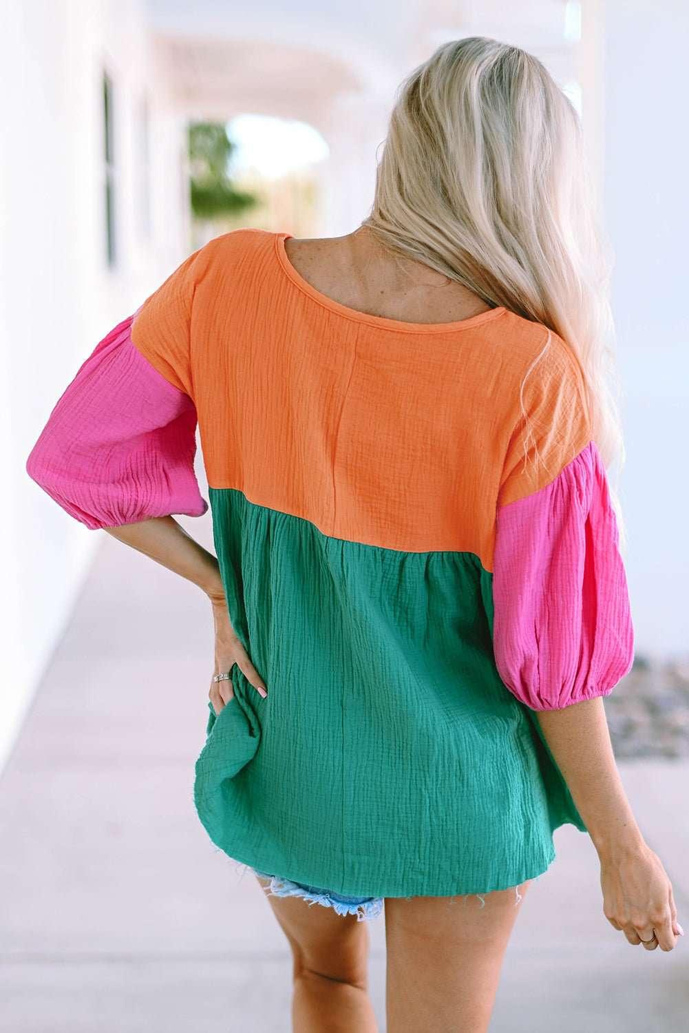 Color Block V - Neck Babydoll Blouse - VILLA FASHION