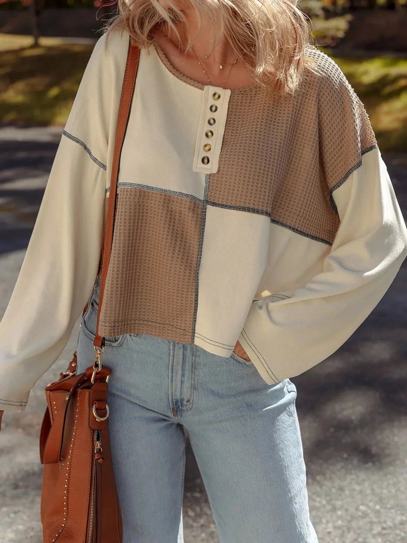 Color Block Waffle Knit Stitch Detail Long Sleeve Top - VILLA FASHION