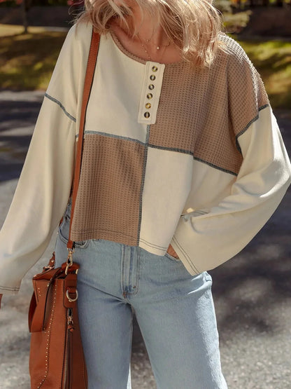 Color Block Waffle Knit Stitch Detail Long Sleeve Top - VILLA FASHION