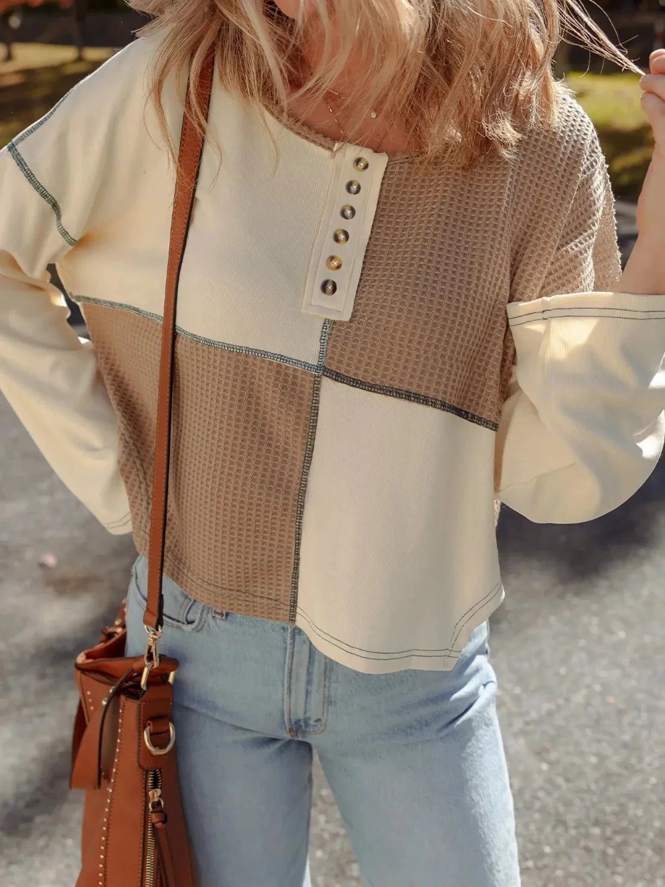 Color Block Waffle Knit Stitch Detail Long Sleeve Top - VILLA FASHION