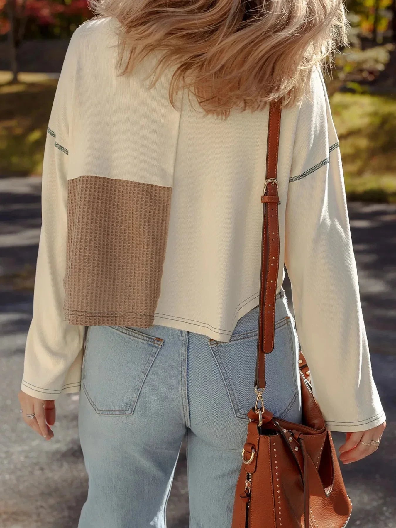 Color Block Waffle Knit Stitch Detail Long Sleeve Top - VILLA FASHION