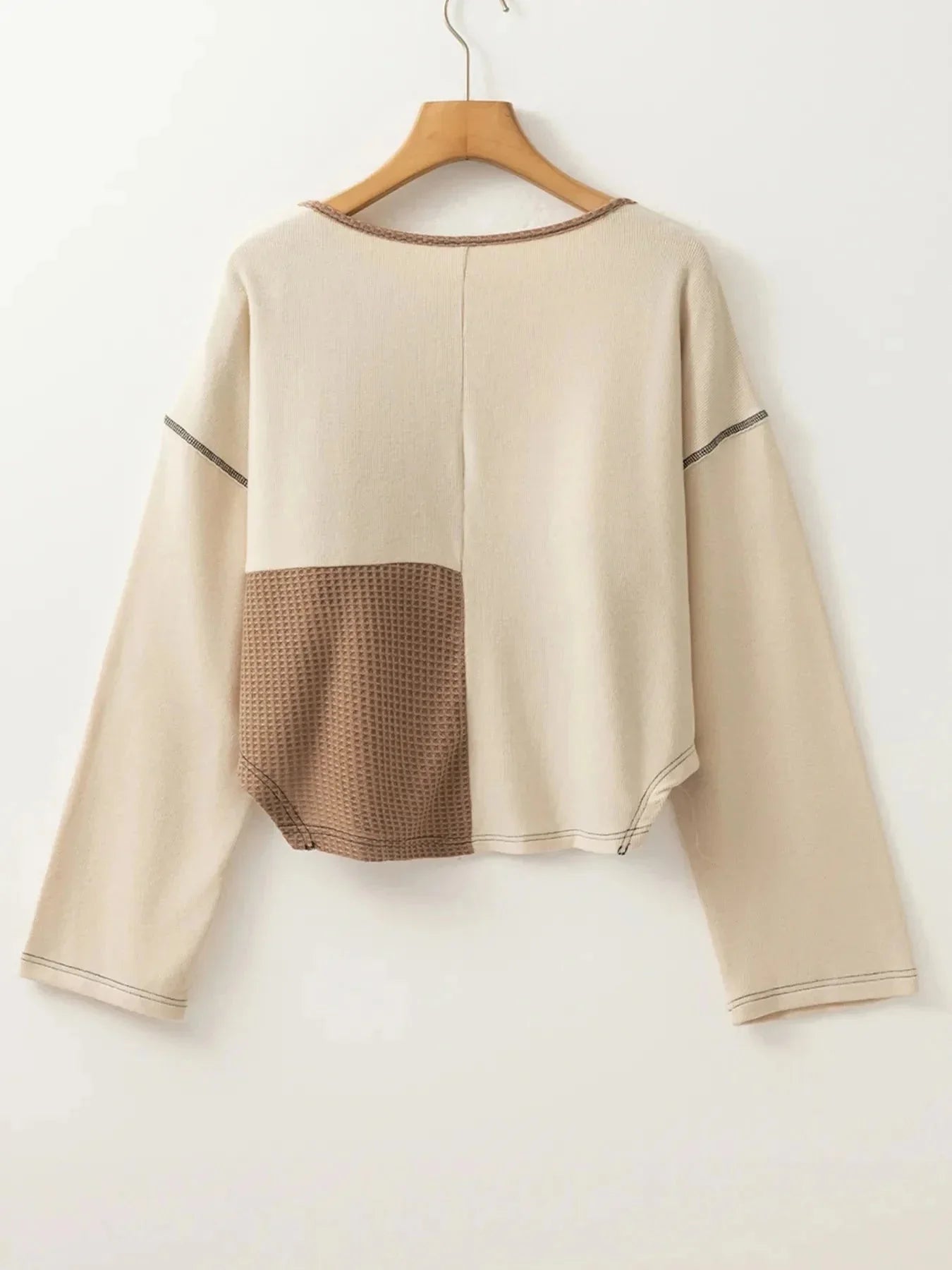 Color Block Waffle Knit Stitch Detail Long Sleeve Top - VILLA FASHION